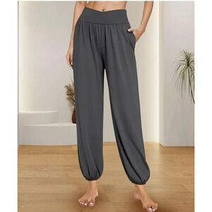 Daceslon Womens Yoga Pants Dark Gray‎ Crossover V Waist Pockets Joggers Size L